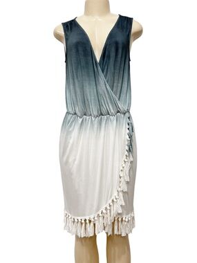 Cynthia Rowley Sleeveless Ombre Fringe Tassel Wrap Dress - Blue to Cream Size M
